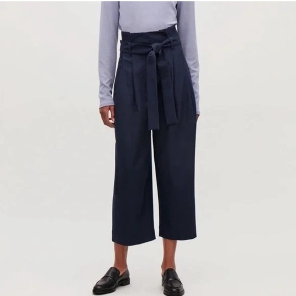 COS - NWOT women’s ultra high-rise belted paper bag wide leg cropped navy blue 4 - Picture 3 of 8